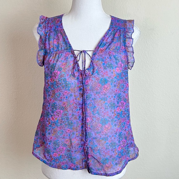 Mossimo Supply Co Lavender Purple Ditsy Floral Chiffon Ruffle Tie Front Tank Top - Picture 2 of 7